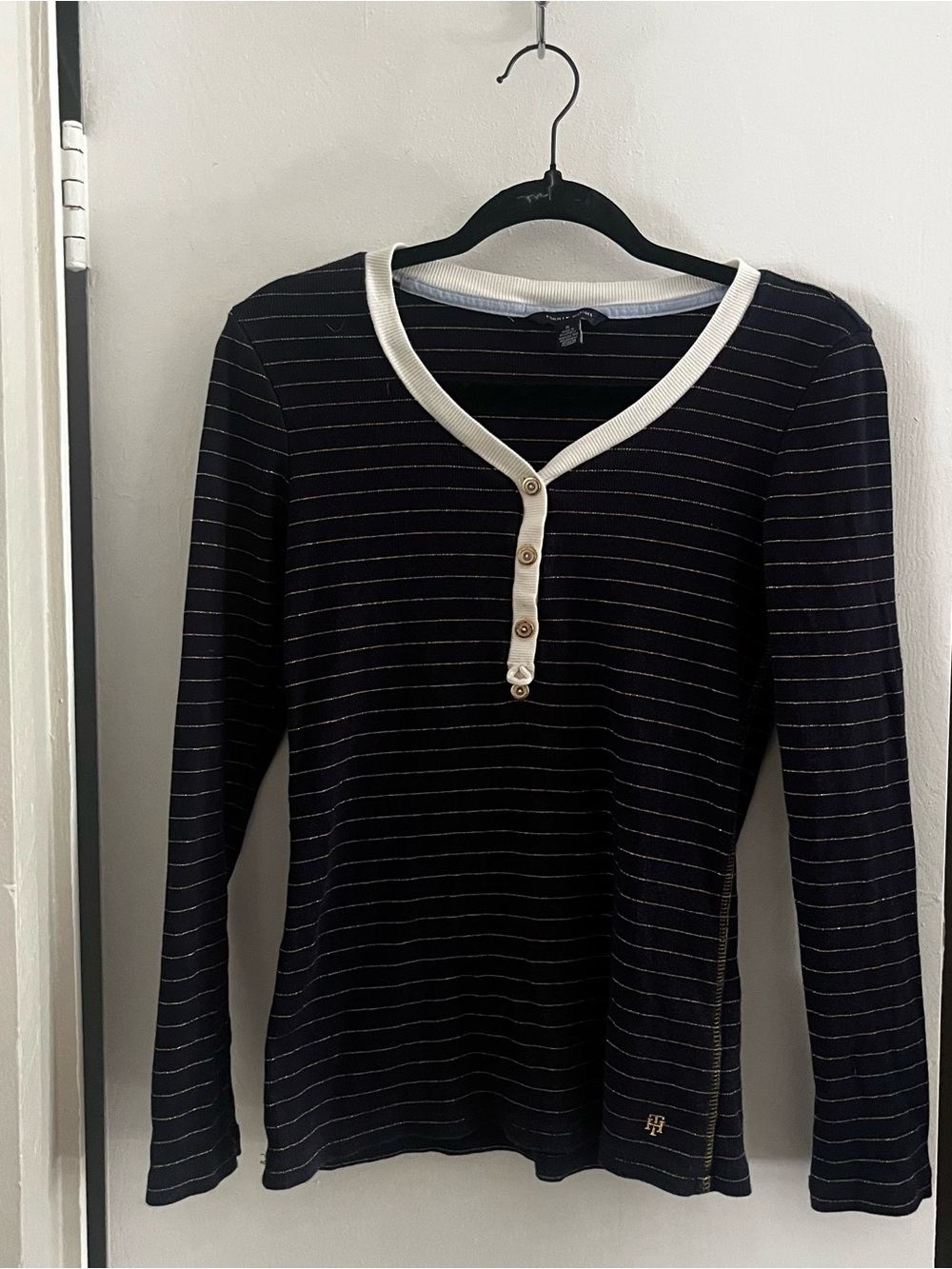 Tommy Hilfiger Navy Striped Long Sleeve Henley with White Trim